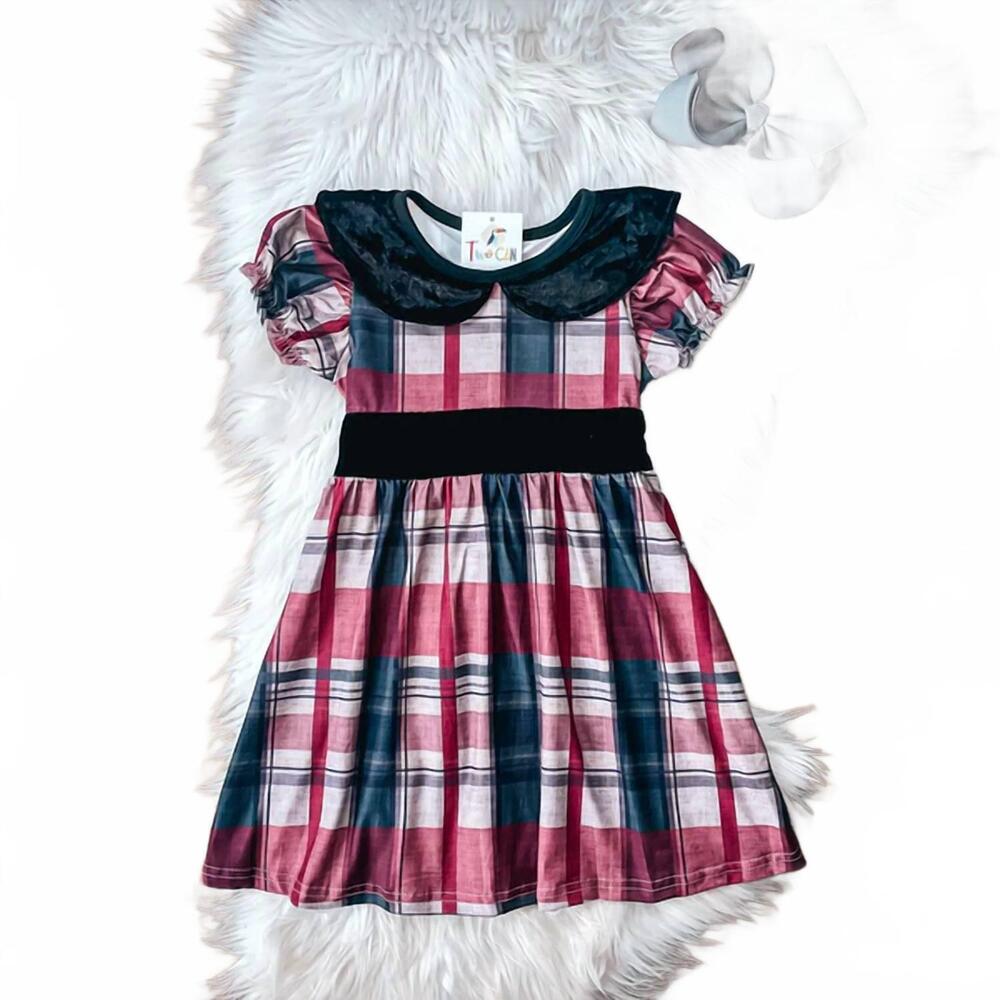 NEW TWOCAN girls christmas plaid & velvet short sleeve dress in multi